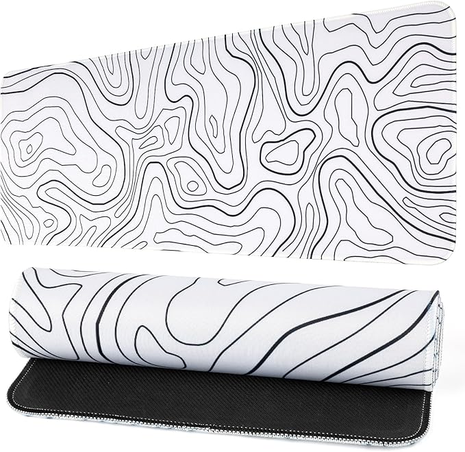 Gaming Mouse Pad Large 31.5 x 11.8in Topographic Keyboard Pad Mouse Pad for Non-Slip Base and Stitched Edge, Extended Desk Pad XL Keyboard Desk Mat (White)