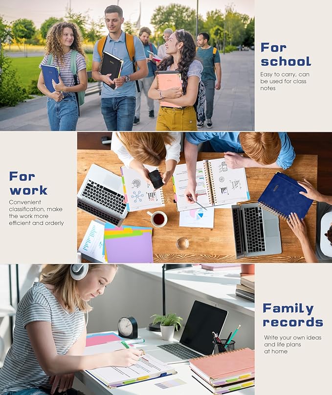 Hardcover Spiral Notebook journal with Removable Dividers Tabs, 300 Pages Leather 5 Subject Notebook College Ruled, 8"x10" Large B5 Notebooks for Work School Note taking, Lined Journal for Women,Navy