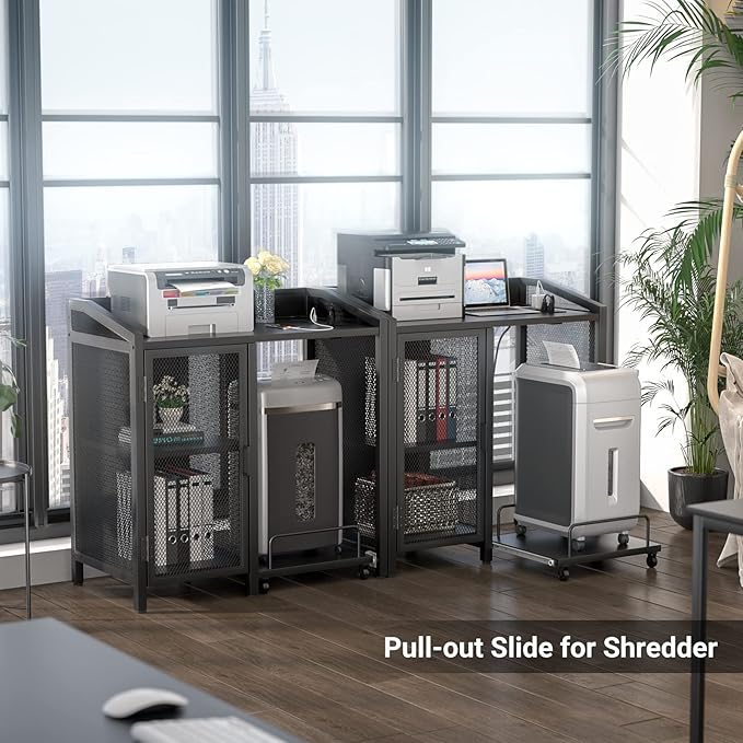 Unikito File Cabinet with Paper Shredder Stand On Wheel, Modern Vertical Filing Cabinet with Socket and USB Charging Port, Large Printer Stand with Adjustable Storage Shelf Rack for Home Office, Black