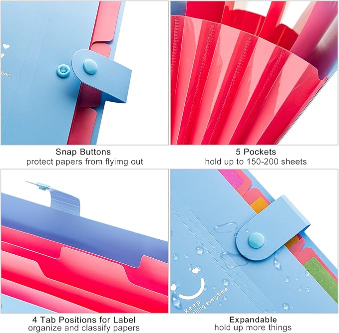 Forvencer Accordion File Organizer, Letter Size, 5 Pocket Expanding File Folder, Cute File Folder with Labels, Portable File Organizer for School Office Supplies, Folders for Documents, Blue