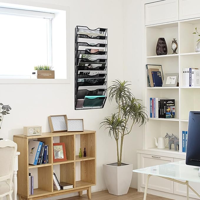 EASEPRES 10 Pockets Mesh Wall File Holder Organizer Office Hanging Magazine Rack, Black
