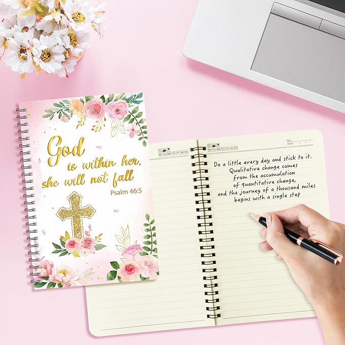 2 Pack A5 Floral Cross Religious Spiral Notebooks - She Will Not Fall Bible Verses Writing Notebooks, Ruled Hardbound Lined Journal, Christian Christmas Gift, Sunday School Supply (Pink Gold)
