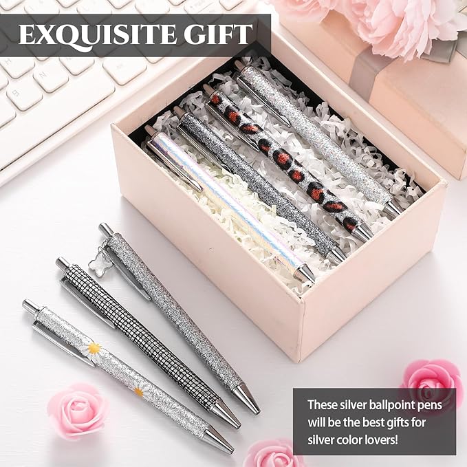 Sherr 7 Pcs Fancy Pens for Women Cute Sparkly Glitter Pens with 10 Pcs Black Ink Refills Pretty Gifts for Girls Office School Christmas Graduation(Silver,Bright)