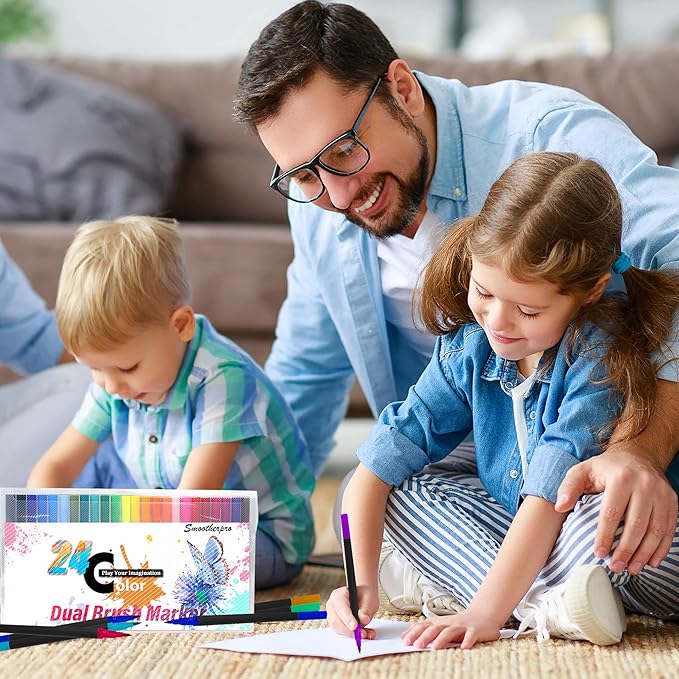 SMOOTHERPRO 24 Acrylic Paint Pens, Brush Tip (1-2mm) and 0.4mm Fineliner, Waterproof Acrylic Paint Markers for Adults Fabric Markers for Textile, Canvas, Rock, Glass, Wood, Paper, Pumpkin, DIY