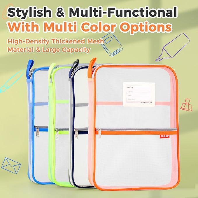 Pendancy Mesh Zipper Pouch 14.8x10.8 in Transparent Lightweight Nylon File Folders, A4 Size Multi-Layer Subject Document Organizer Accessories Storage Bag for Office and School Supplies(Orange)