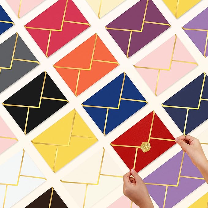 60 Pack Gold Envelopes 5x7 Bulk Pink, 250G Pearled Cardstock A7 Envelopes for Invitations Business Mailing Envelope with Gold Foil Border, A6 4x6 Envelopes for Wedding Baby Shower Cards