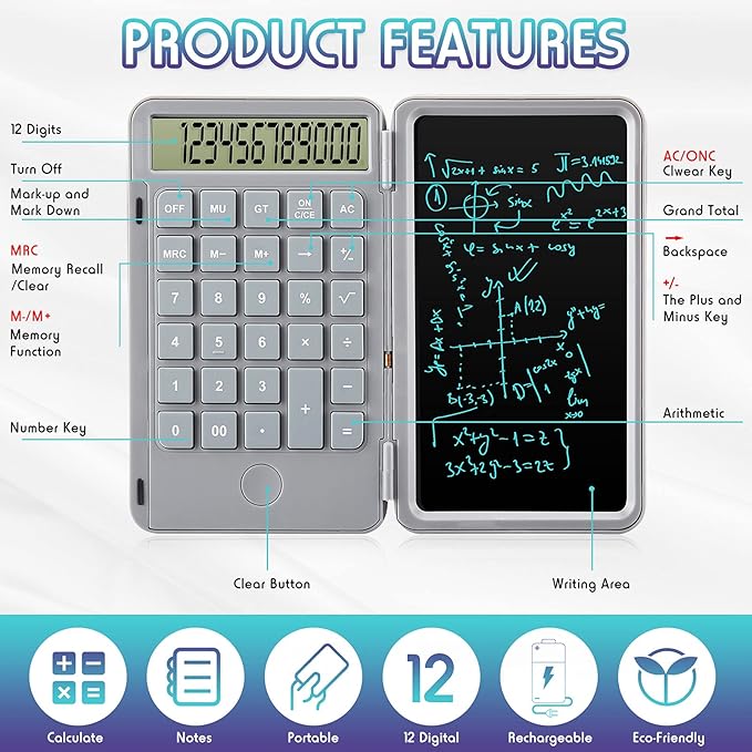 Hion Calculators,12-Digit Large Display Rechargeable Pocket Office Desktop Calculator with Erasable Wiriting Tablet,Mute Basic Desk Calculators with Doodle Pad for Student Home School,Grey