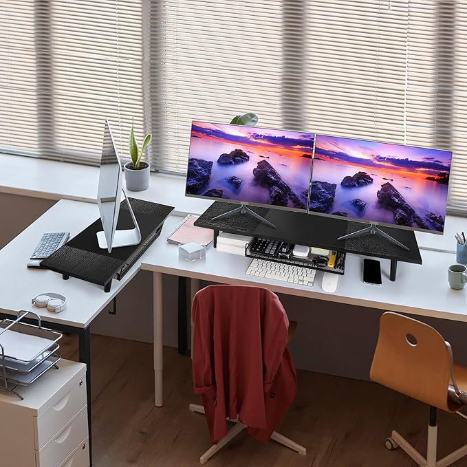 Dual-Computer-Monitor-Stand-Riser For Desk, Expandable Desk Shelf With Drawer For 2 Monitors, Desk Accessories & Workspace Organizers,TV Riser, Desktop Double Laptop Riser With Storage