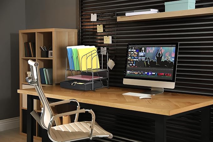 DecoBros Mesh Desk Organizer with Double Tray, 5 Upright Sections and Sliding Drawer, Black