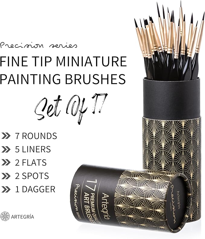 ARTEGRIA Detail Paint Brush Set, 17 Miniature Brushes with Fine Tips and Ergonomic Handles, for Small Scale Models, Figurines, Warhammer 40k, DND, Paint by Numbers for Adults