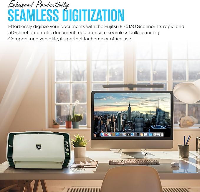 FI-6130 FUJITSU Document Scanner Bundle - 1 Year Warranty - Fujitsu Document Scanner with 24V AC Adapter, USB 2.0 Cable & Microfiber Cleaning Cloth (Renewed)