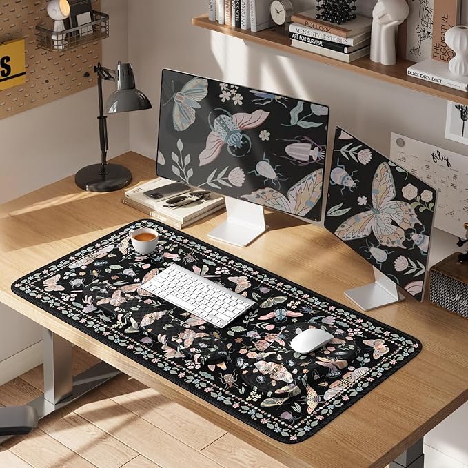 iLeadon Large Mouse Pad and Keyboard Wrist Rest,4in1 Desk Pad Set for Computer Keyboard,Long Floral Mouse Pad XXL+Cup Coaster with Non-Slip Base for Home Office,Black Insect
