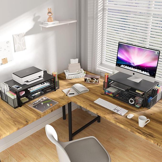 Desk Organizers and Accessories, 2-Tier Computer Monitor Stand for Desk Organizer with Drawer and 2 Pen Holders, Office Desk Accessories Workspace Desktop Organizers for Office Supplies, Black