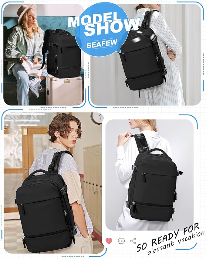 Small Black Backpack for Travel, Carry on Backpack for Men Women, Laptop Backpack with 14-15.6 inch Laptop Compartment, Flight Approved Water Resistant College Luggage Daypack with Shoe Compartment
