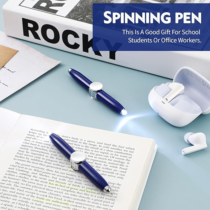 Chinco 2 Pieces Fidget Spinning Pen with LED Light Multi Functional Help Thinking Ballpoint Gift Pen for Adults Students Teenage(Blue)