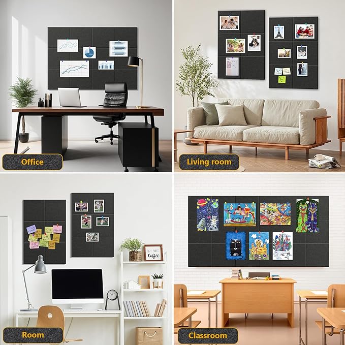 Large Cork Board Alternative - 12 Pack Felt Wall Tiles Office Decor Bulletin Board Cork Boards for Walls, Black Cork Board for Office Pin Board with Safe Adhesive for Office/Home/School