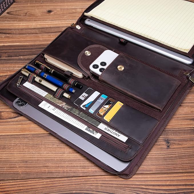 Handmade Crazy-Horse Leather Padfolio Portfolio, Easy to Carry with A Zippered Closure, Business Organizer Tablet Folio Folder with Letter Size Notepad, Gift for Women & Men (Dark Brown, Custom)