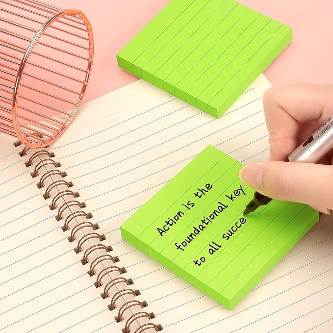 Lined Sticky Notes 3x3 Sticky Notes with Lines Self-Stick Notes Bright Color 4 Pads 90 Sheets/Pad (Green)