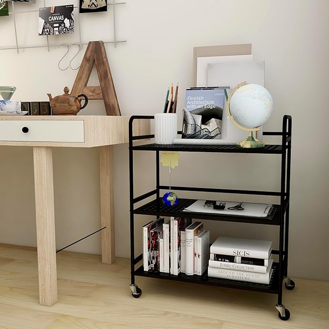 GYCZYCX 3-Tier Mesh Metal Rolling Cart,Multipurpose Heavy Duty Cart,Multipurpose Storage Rack,Utility Cart,High Capacity Cart with Locking Wheels (Black)