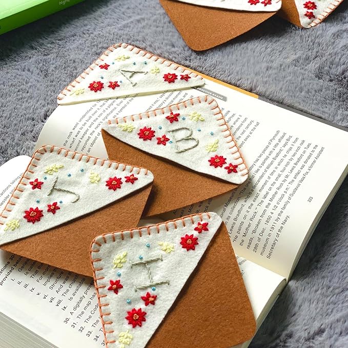 Personalized Hand Embroidered Corner Bookmark, Bookmarks for Women, Personalized Bookmark for Books, Cute Flower Book Mark, Hand Stitch Gift for Women for Book Lovers by HNQCPCVU (T, White)