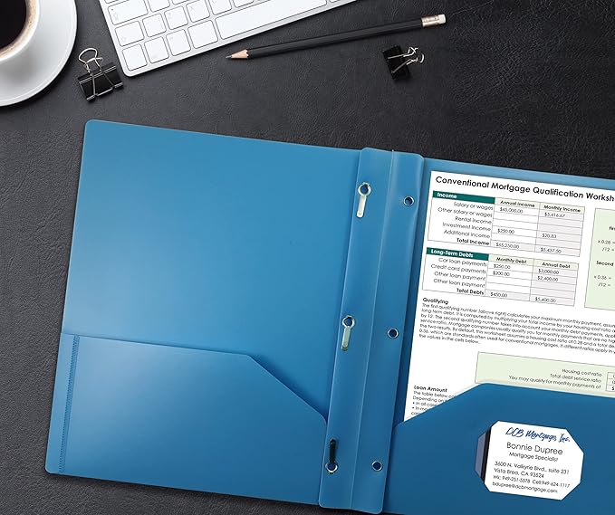 Better Office Products Light Blue Plastic 2 Pocket Folders with Prongs, 24 Pack, Heavyweight, Letter Size Poly Folders with 3 Metal Prongs Fastener Clips, Light Blue