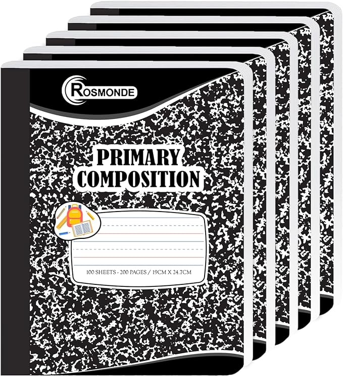 5 Pack Primary Composition Notebooks, 200 Pages (100 Sheets), Primary Ruled Composition Notebook for Kids, 9-3/4" x 7-1/2", Grades K-2 Writing Workbook, Writing Dotted Lined, Black Marble