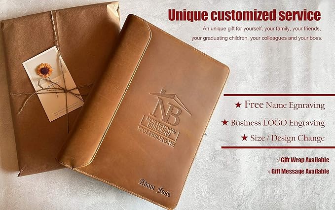 Free Name Engraved, Personalized Leather Portfolio Binder for Men, 3 Ring Binder Custom Padfolio Folder, Handmade Professional Business Organizer with Zipper, Gift for Men/Women, Customized, Brown