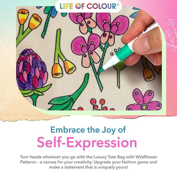 Life of Colour Doodle Bag with Wildflower Patterns – Color Your Own Tote Bag Craft Kits for Adults, Includes Canvas Tote & 24 Acrylic Markers – DIY Painting & Art Kit for Women