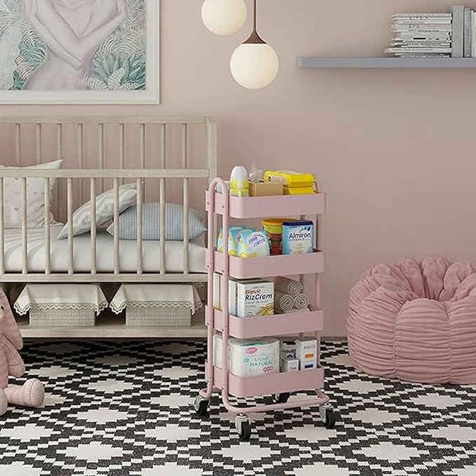 4-Tier Pink Rolling Cart,Metal Utility Rolling Cart with Handle,Multifunction Rolling Carts with Wheels,Kitchen Storage Carts Suitable for Office,Home,Kitchen,Garden๏ผ13.4"x18.1"x40"๏ผ Pink