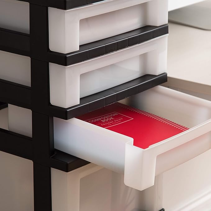 IRIS USA Plastic Drawer Storage Organizer Rolling Cart, with Wheels Casters, 7-Drawers, for Classroom Art Craft Supplies Dresser Closet Bathroom Bedroom, Top Organizer for Small Parts, Black/Pearl