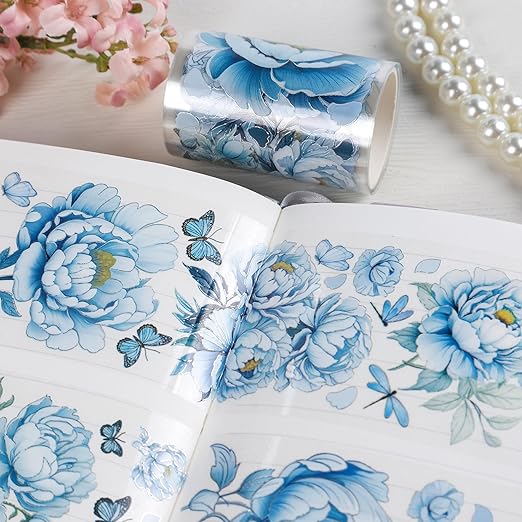 PET Tape Stickers for Journaling - Blue Flower Junk Journal Supplies Scrapbooking Tapes, Aesthetic Peony Flower Bullet Scrapbook Journal Stickers Tape, Decorative Tapes for Art Crafts