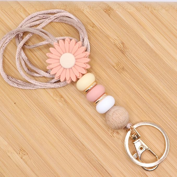 Flower Teacher Lanyards ID Badge and Key Chain, Cute Silicone Beads Lanyard for Women Nurse Work Student (Rose)