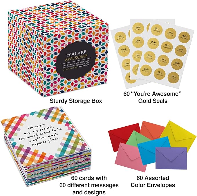 Dessie 60 Inspirational Cards With Envelopes 3.5x3.5. You Are Awesome Seals for Appreciation, Encouragement,Gratitude, Positive Affirmations, Thoughtful Gifts. Post-it Note Size.