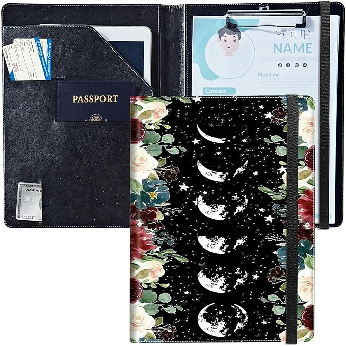 PU Leather Padfolio Clipboard Notepad with Pen Loop and Elastic Strap Interview/Resume Document Organizer for Business School Office,Moon Wild Floral