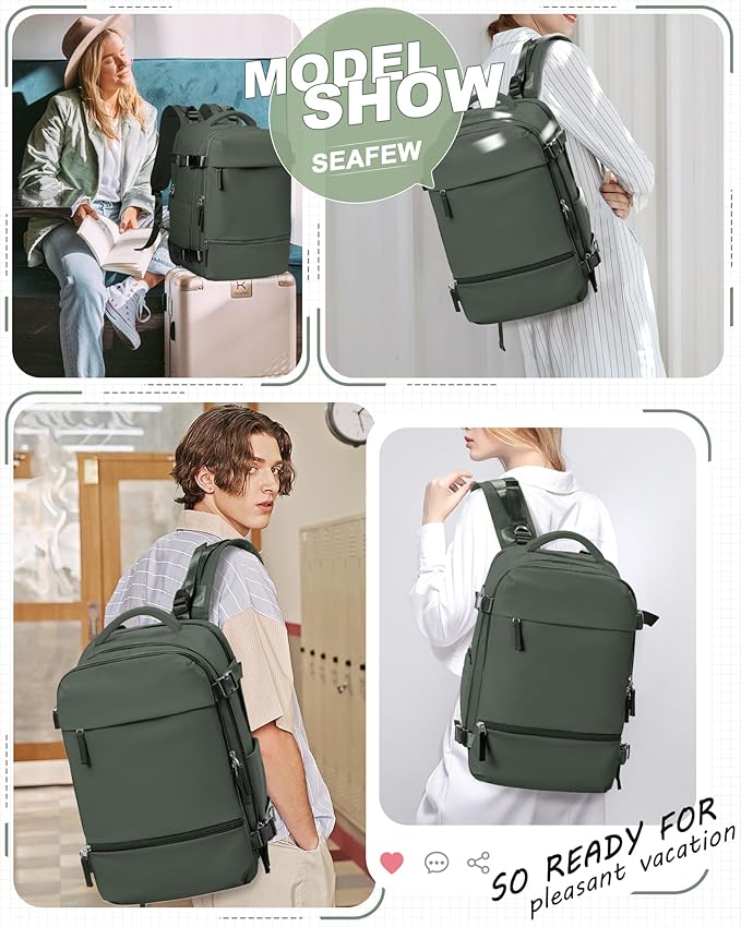 SEAFEW Carry on Travel Backpack for Men Women, Water Resistant Laptop Backpack Personal Item Luggage Daypack for Airplanes, Weekender Overnight Backpack with Shoe Compartment, Mochila de Viaje, Green