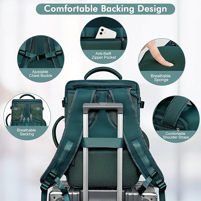 Large Backpack for Traveling Women Men, Flight-approved Carry-on Travel Backpack Bag, Personal Item Backpack Luggage on Airplanes, Travel Essentials, Peacock Blue