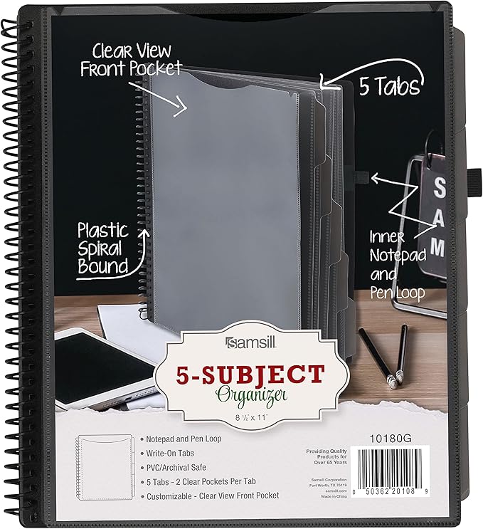 Samsill 10 Pocket Poly Organizer with 5 Dividers, File Folders Letter Size, Refillable Notepad, Customizable Front Cover, Erasable Write-On Tabs, Pen Loop, Plastic Folders with Pockets, Gray