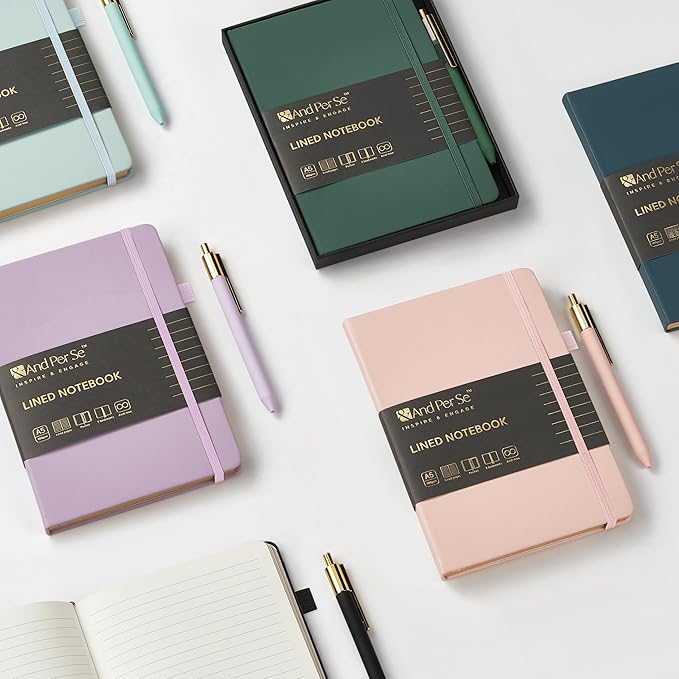 A5 Lined Leather Journal and Pen Set, Hardcover Notebook with Pen, 160 Pages 100gsm Thick Ruled Paper for Men Women, for Work, Business, School or Home Writing, 5.7'' x 8'', Gift Box Included (Light Brown)