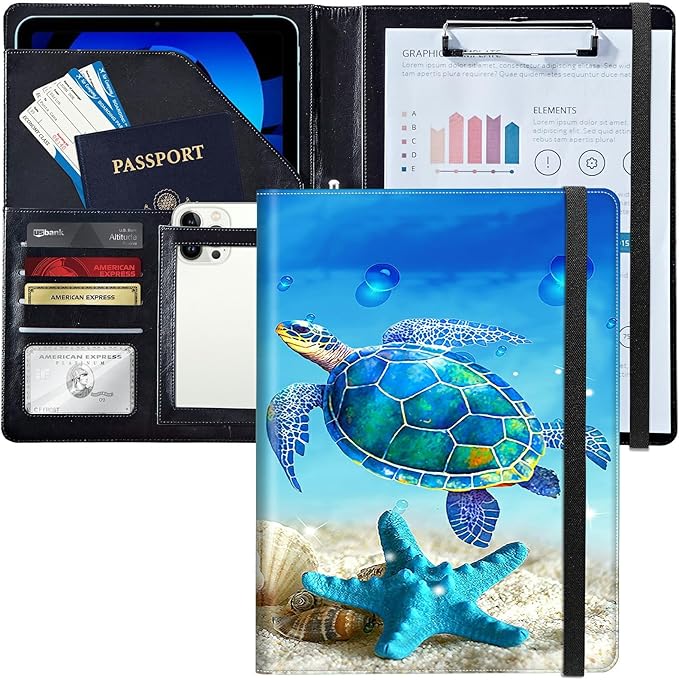 PU Leather Padfolio Folder Clipboard Portfolios Organizer Conference Document Organizer with Business Card Holder Storage Clipboard Writing Pad,Blue Turtle