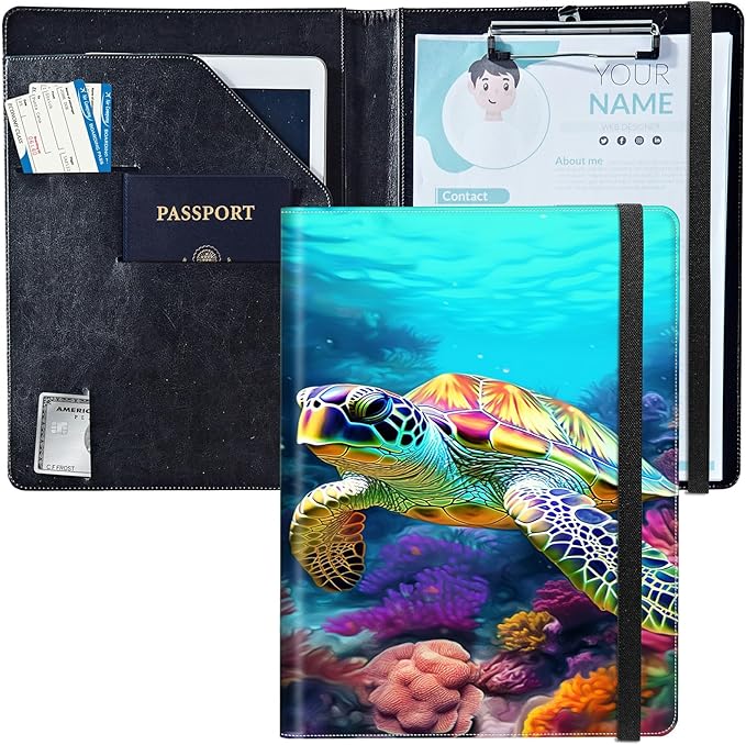 PU Leather Padfolio Clipboard Notepad with Pen Loop and Elastic Strap Interview/Resume Document Organizer for Business School Office,Turtle Corals