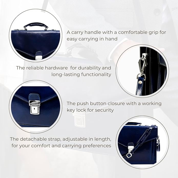 Time Resistance Leather Briefcase for Men - Business Laptop Bag - Italian Handmade Leather Bag - Attache - Gift Box Included