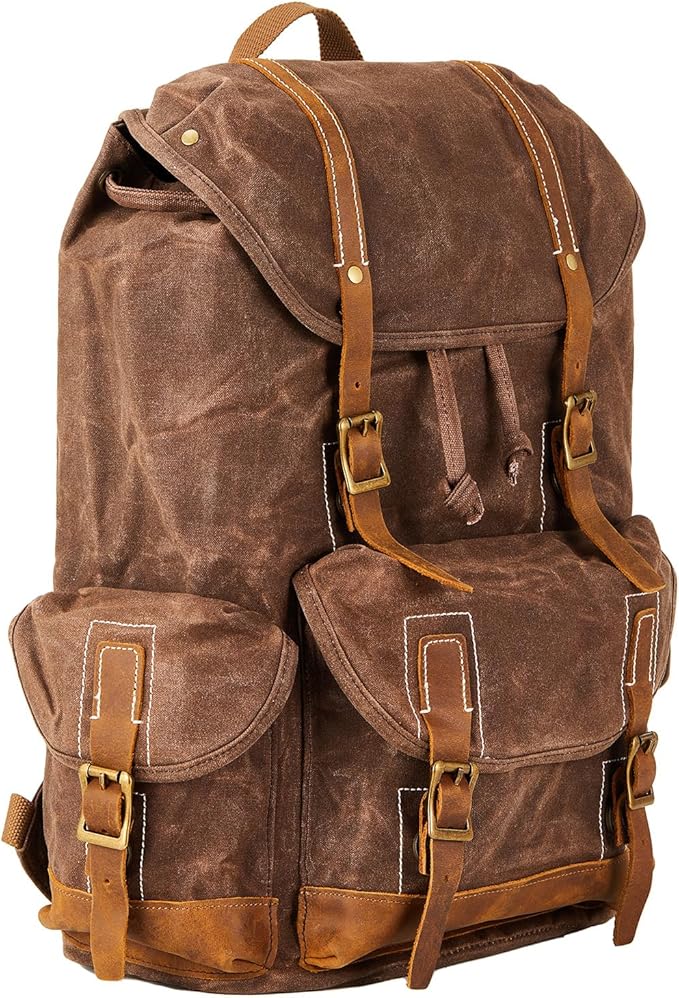 Backpack for Men Heavy Duty Waxed Canvas Vintage Women Trim Casual 15.6" laptop Travel Backpack-Coffee