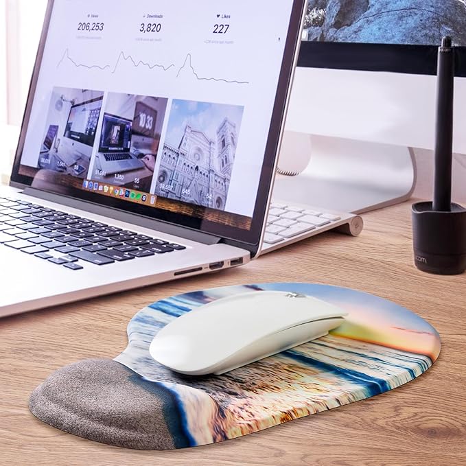 JIKIOU Mouse Pad, 2 Pack Ergonomic Mouse Pads with Comfortable Gel Wrist Rest Support and Lycra Cloth, Non-Slip PU Base for Easy Typing Pain Relief Durable and Easy to Clean Small Beach