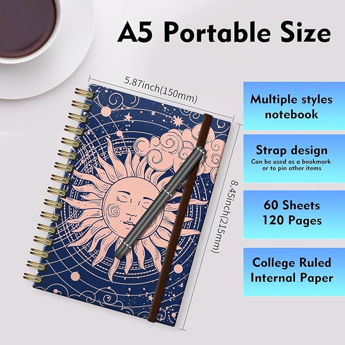 Spiral Journal Notebook, A5 Cute Notebooks for Women Men, College Ruled Hardcover Notebook for Work & Note Taking, 60 Pages Double-Wire Journals for Writing Cute Cloud Sun