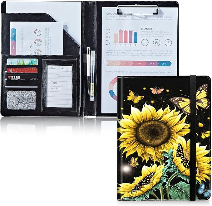 Padfolio Folder with Clipboard,Portfolios Organizer Clipboards with Storage Clipboard Writing Pad PU Leather Conference Document Organizer with Business Card Holder,Sunflower Butterfly