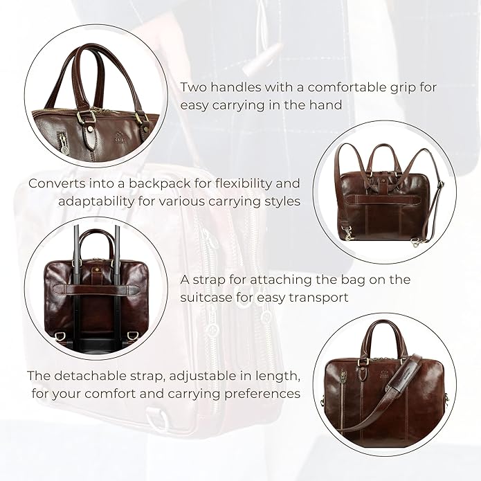 Time Resistance Leather Laptop Briefcase - Full Grain Leather Computer Bag for Men and Women