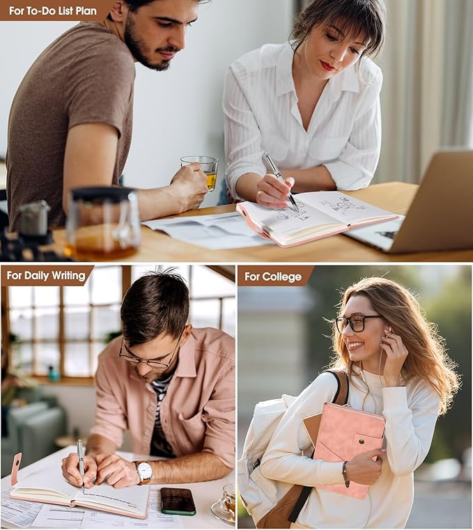 Pink A5 Lined Leather Journal Notebook for Men Women,5.9" X 8.4" Personalized Hardcover Journal with Pen,200 Pages 100 Gsm Thick Ruled Paper Daily Diary for Travel,Business,Work,Writing