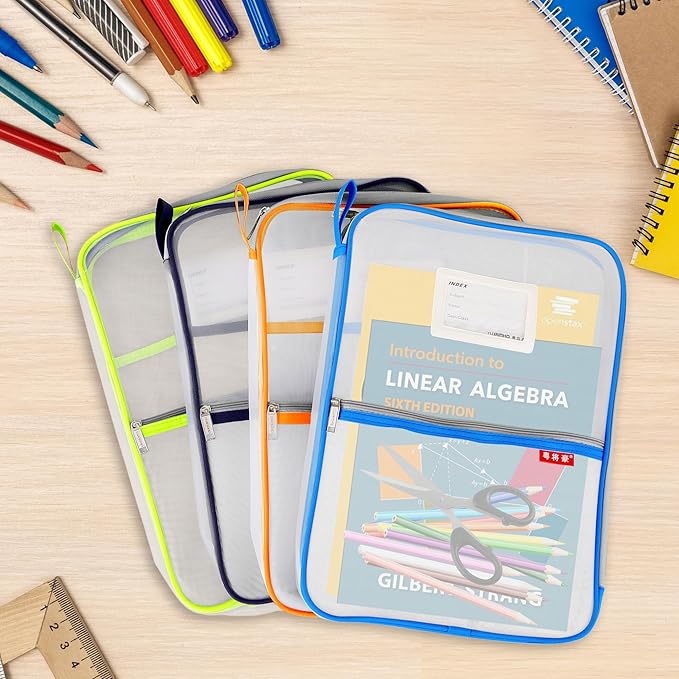 Pendancy Mesh Zipper Pouch 14.8x10.8 in Transparent Lightweight Nylon File Folders, A4 Size Multi-Layer Subject Document Organizer Accessories Storage Bag for Office and School Supplies(4 PCS)