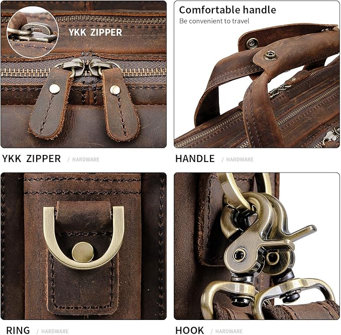 Augus Leather Briefcase for Men Business Travel Messenger Bags 15.6 Inch Laptop Bag YKK Metal Zipper, Brown