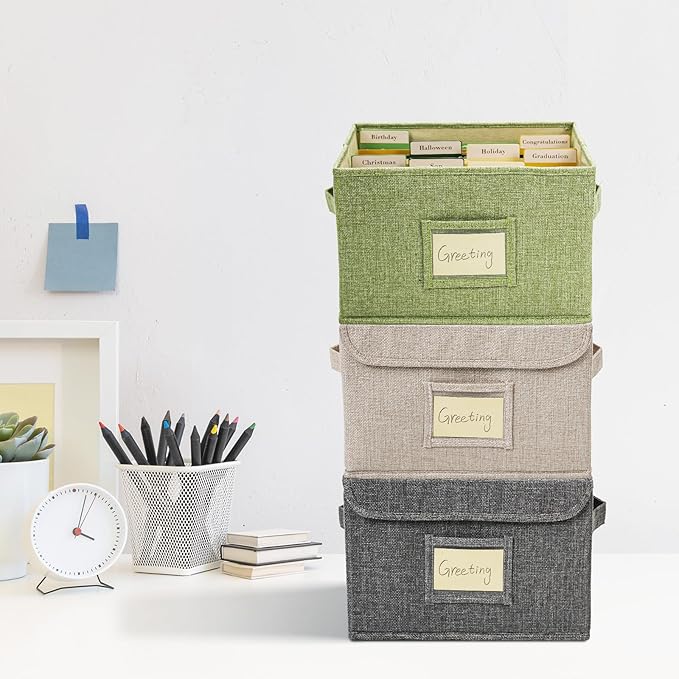 Vienrose Greeting Card Organizer Storage Box with 20 Removable Dividers, 84 Self-stick Labels, Perfect for Photos, Envelopes, Scrapbooking, Paper, Stickers Holder 1 Pack Beige